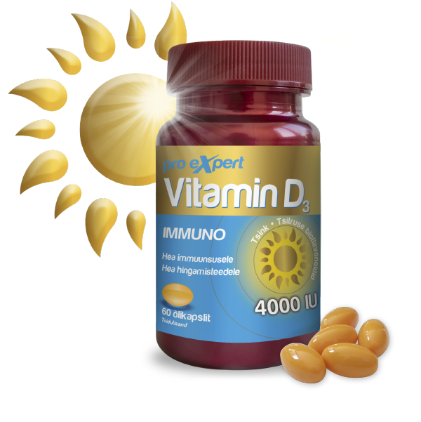 Vitamiin D3 Immuno 4000 IU (+Tsink ja Tsitruse bioflavonoidid) õlikapslid N60 (Pro Expert)